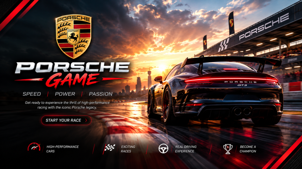 “Porsche Game racing logo with crest and checkered flags”