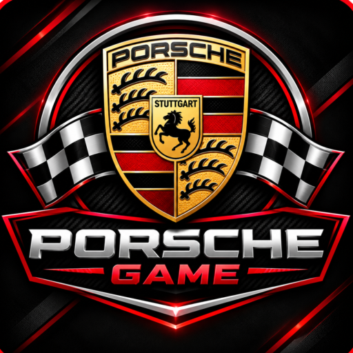 “Porsche Game racing logo with crest and checkered flags”